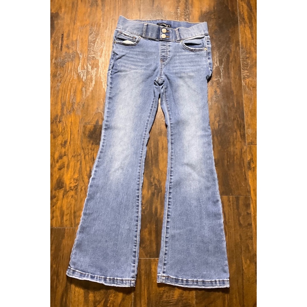 Vanilla Star Kids Light Wash Flare Jeans Y2K Pull On Double Button Denim Pants